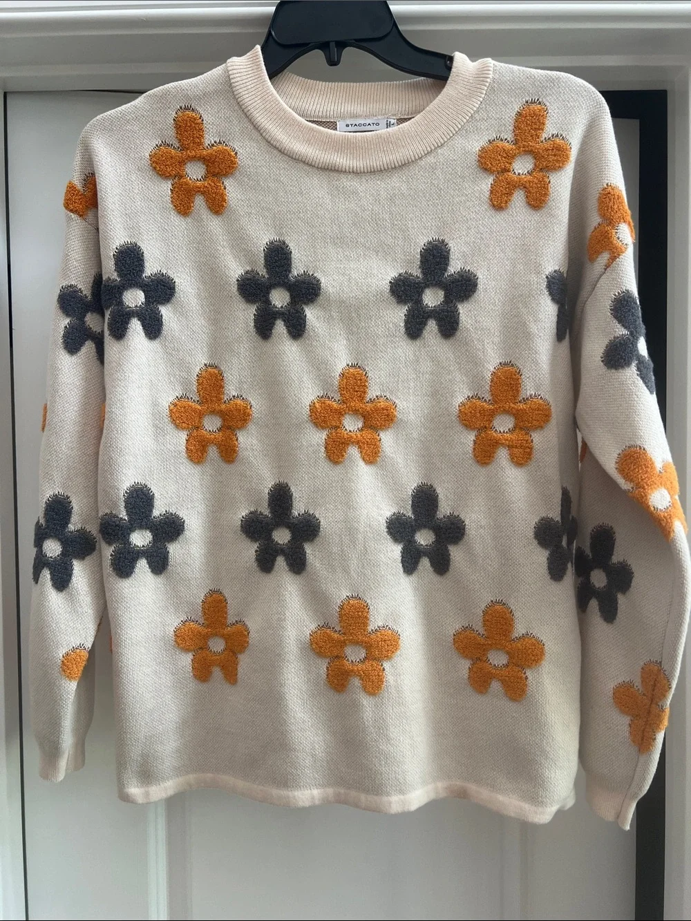 Staccato Cream Crewneck Sweater with Orange & Gray Flower Motif